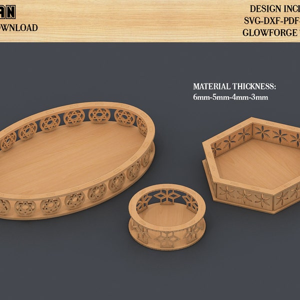 Decorative Tray Bundle, Glowforge Svg file , Different Thickness Material, Wooden Tray vector 317