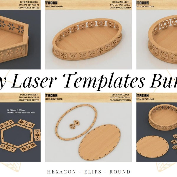 Tray Laser cut files Set / Round, Hexagon, Elipse Tray SVG file / Wooden Tray laser cut files / Glowforge projects 442