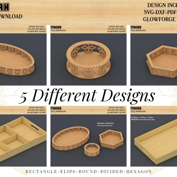 Wooden Serving Tray Digital Files / Round, Hexagon, Elipse, Square Tray SVG file / Tray laser cut files / Laser ready glowforge 443