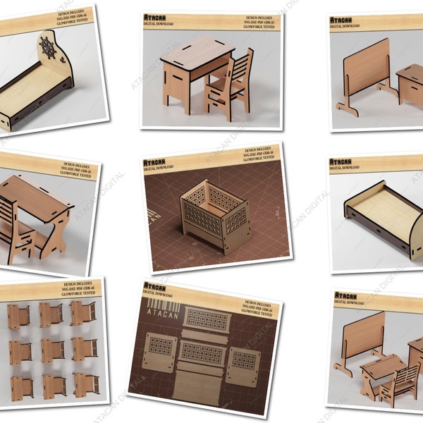 Dollhouse Furniture Set / Baby Crib, Kid Bed, School Desk, Writing Board, Student Bench / Wooden Children Furnitures  SVG DXF CDR Ai 492