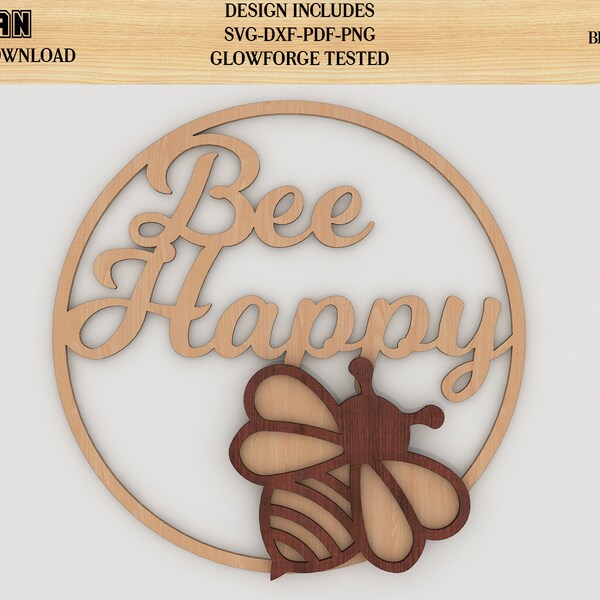 Bee Happy Hoop laser cut SVG file, Honey Bee wall art decoration, glowforge digital download 235