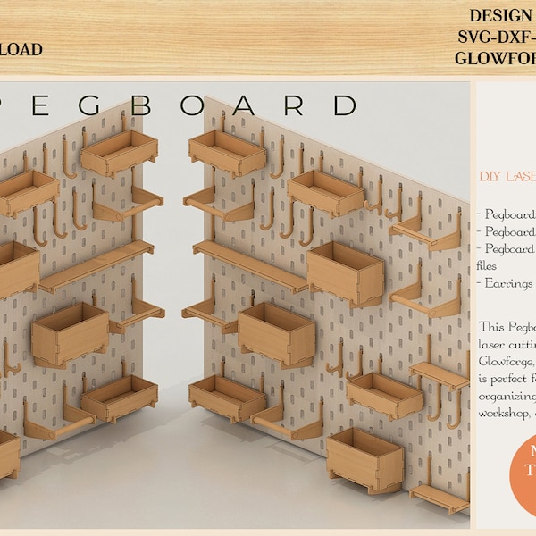 Pegboard SVG / Wooden Pegboard Accessories / Wall Pegboard / Peg Board Shelf / Laser Cut Files for Glowforge 455