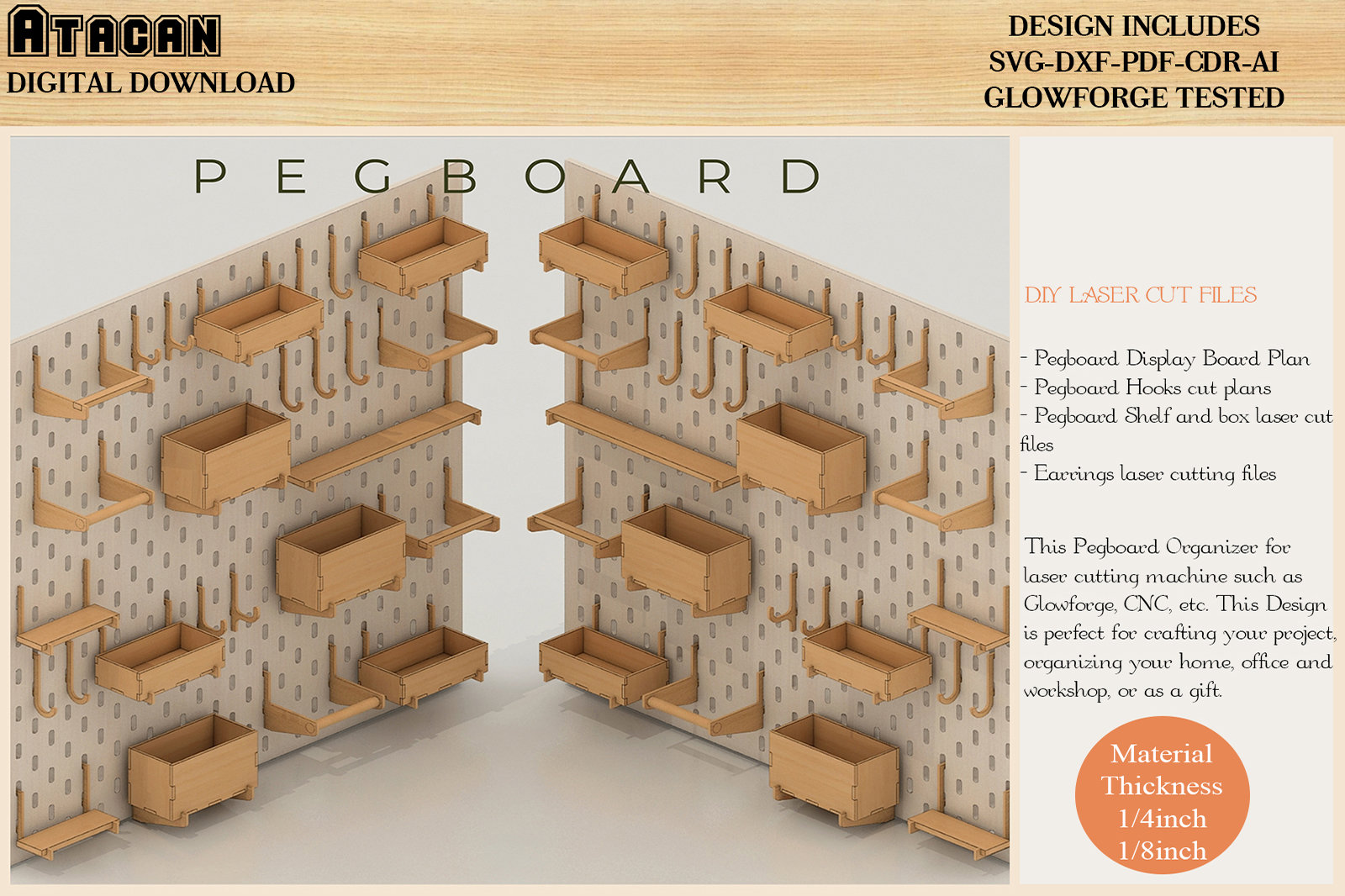 Pegboard SVG / Wooden Pegboard Accessories / Wall Pegboard / Peg Board  Shelf / Laser Cut Files for Glowforge 455 