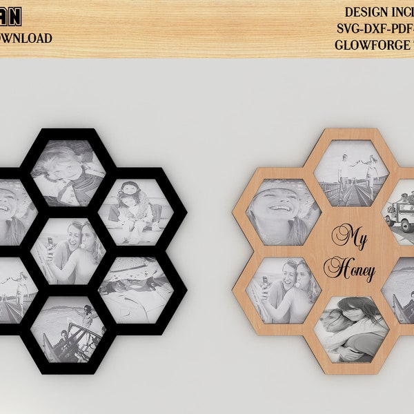 Honey comb Multi Picture Frame Collage svg file, Honey Family Friends Collage Home Wall Picture Album, Frame laser cut template 305