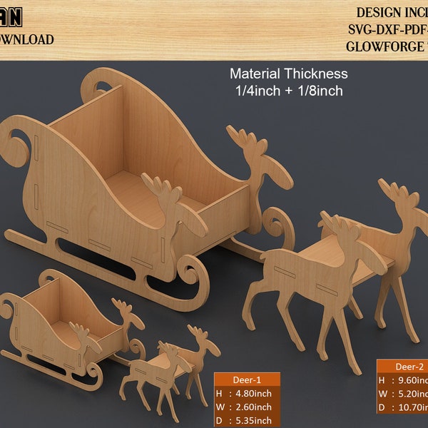 Wooden Sleigh with deer / Laser Cut Christmas Decor / Santa Reindeers and Sleds / Merry Christmas SVG Templates 477