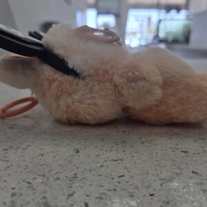May include: A plush, peach-colored key holder shaped like a small animal, with a black key inserted. The key holder has a small orange ring attached. The plush material appears soft and fuzzy.