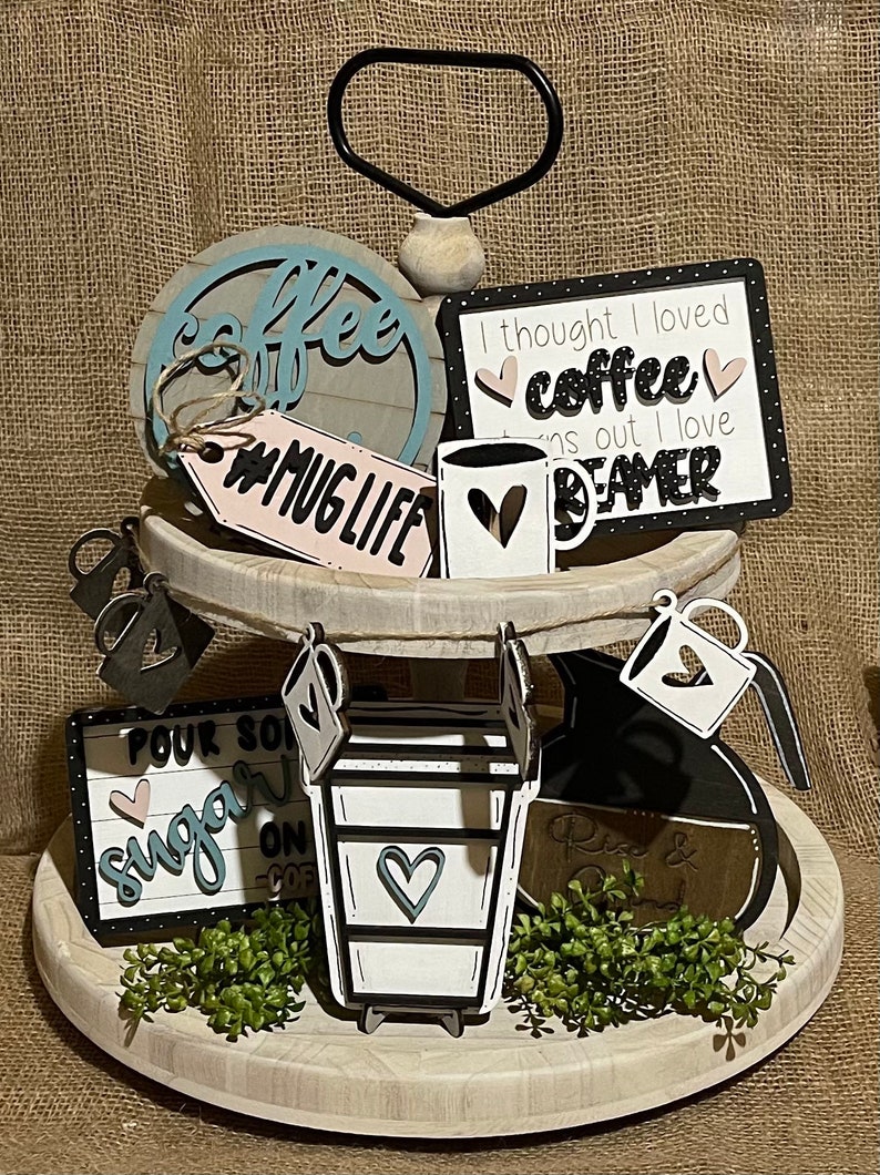 8 Piece Coffee Tiered Tray Decor Wooden Farmhouse Coffee Bar Etsy