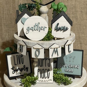 Farmhouse Tiered Tray Decor: 7 PC Wooden Signs, DIY or Painted