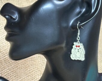 Maltese Dog Earrings: Enamel Painted Stainless Steel, Sterling Silver Hooks