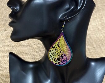 Multicolor Rainbow Steel Teardrop Earrings Iridescent Large Earrings