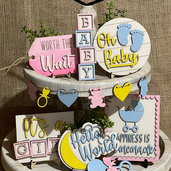 Baby Tiered Tray Decor Baby Shower Decor Farmhouse Tray Decor Wooden 8 PC Set or Individual Pieces Painted or DIY