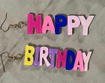 Happy Birthday glitter acrylic multicolor earrings can make hook or clip on style