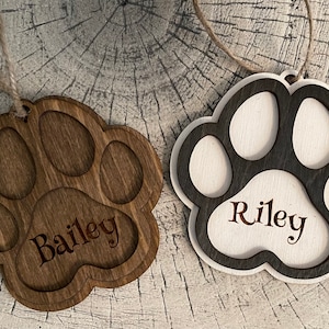 Rustic Farmhouse Personalized Pawprint Pet Ornament Wooden Laser Engraved Christmas Ornament