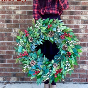 Farmhouse Christmas Wreath for Front Door with Red Berry, Christmas Wreath with Red Berry, Winter Greenery Wreath, Winter eucalyptus Wreath,