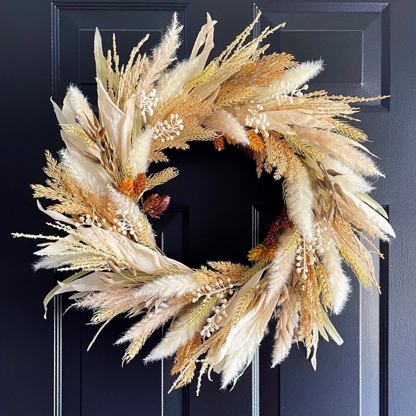 Corona de trigo de otoño neutral con lúpulo de mostaza, trigo artificial y corona de hierbas de otoño, corona de otoño para puerta delantera