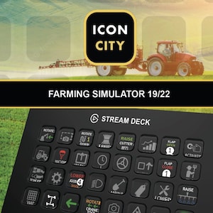 Könnte beinhalten: Ein schwarzes Stream Deck mit 200 Symbolen für Farming Simulator 19/22. Die Symbole sind in einem Raster angeordnet und umfassen verschiedene Funktionen wie Drehen, Anheben, Absenken und Zyklus. Das Stream Deck ist kompatibel mit Loupedeck und Elgato.