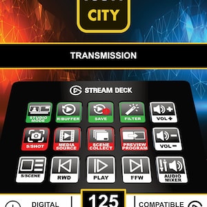 May include: A black Stream Deck with 125 icons for live streaming and video editing. The icons are organized in a grid with labels such as "Studio Mode", "R/Buffer", "Save", "Filter", "Vol+", "S/Shot", "Media Source", "Scene Collect", "Preview Program", "Vol-", "S/Scene", "RWD", "Play", "FFW", and "Audio Mixer". The text "Digital Download" and "Compatible with Elgato" are also visible.