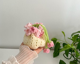FloraBelle pouch| Handmade Crochet Drawstring Pouch: Cream Yarn with Pink Flower Details