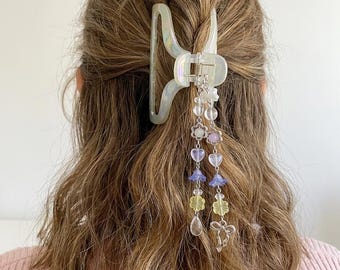 Beaded Jelly Hair Claw Clip with Lilac Flower and Bow Charms, Y2K Coquette Accessory