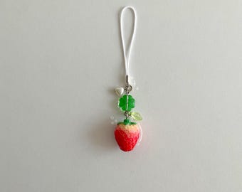 Strawberry Phone Charm Strap, Beaded Kpop Keychain