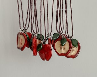 Handmade Apple Button Necklace, Red Fruit Pendant Jewelry