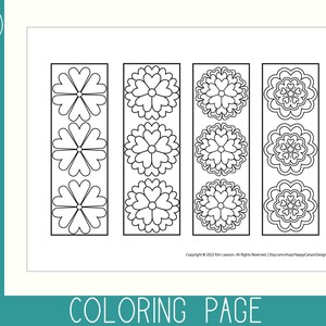 Puede incluir: Página para colorear en blanco y negro con cuatro tiras verticales con diseños de flores repetidos. Cada tira tiene tres flores con pétalos en forma de corazón.