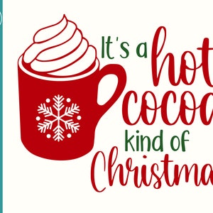 May include: A red mug of hot cocoa with whipped cream and a snowflake design. The text reads "It's a hot cocoa kind of Christmas" in red and green. A festive holiday design.