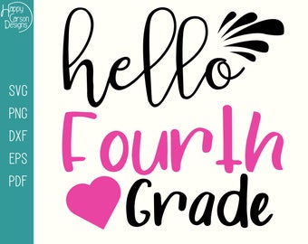 以下が含まれることがあります： 黒とピンクのグラフィックで、「hello fourth grade」というテキストが筆記体で書かれています。テキストの下にはピンクのハートがあります。