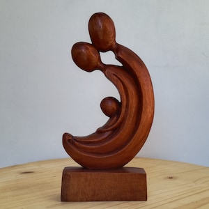 Abstract Suar Wood Family Sculpture: Mother, Father, Baby Ornament