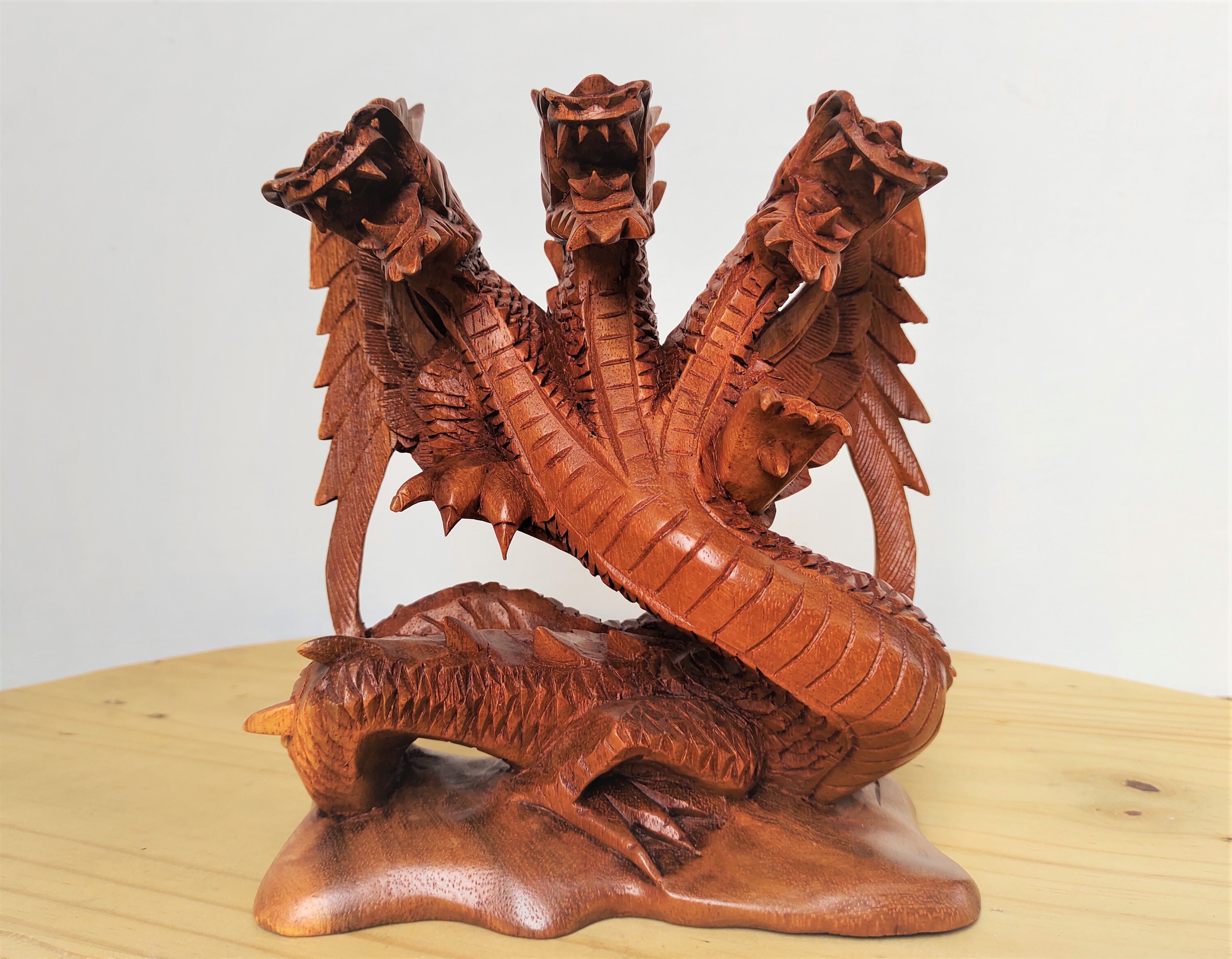 Unique Suar Wood 3 Headed Dragon Sculpture Guardians 