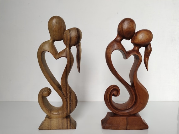 Sculpture Couple En Bois Fait Main - Cœur Abstrait Romantique - Décoration Mariage Ou Saint-Valentin