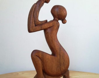 Hand Carved Suar Wood Mother and Child Sculpture - New Mother Gift