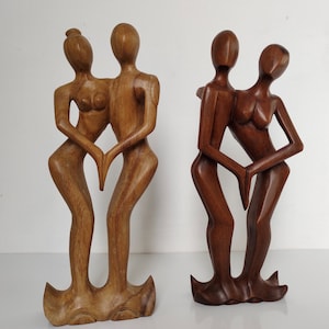 Romantic Couple Statue - Wooden Hand Crafted - Endless Love - Kissing Abstract - Modern Art Home Decor Sculpture - Anniversary Wedding Gift