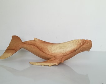 Carved Wooden Humpback Whale Statue: Nautical Home Decor
