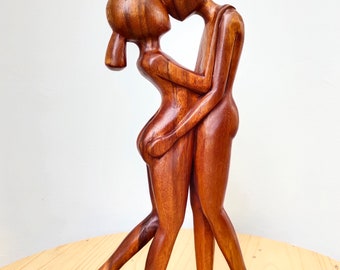 12" houten abstracte romantische sculptuur, "Lover's Kiss" handgesneden kussend paar, liefdevol standbeeld