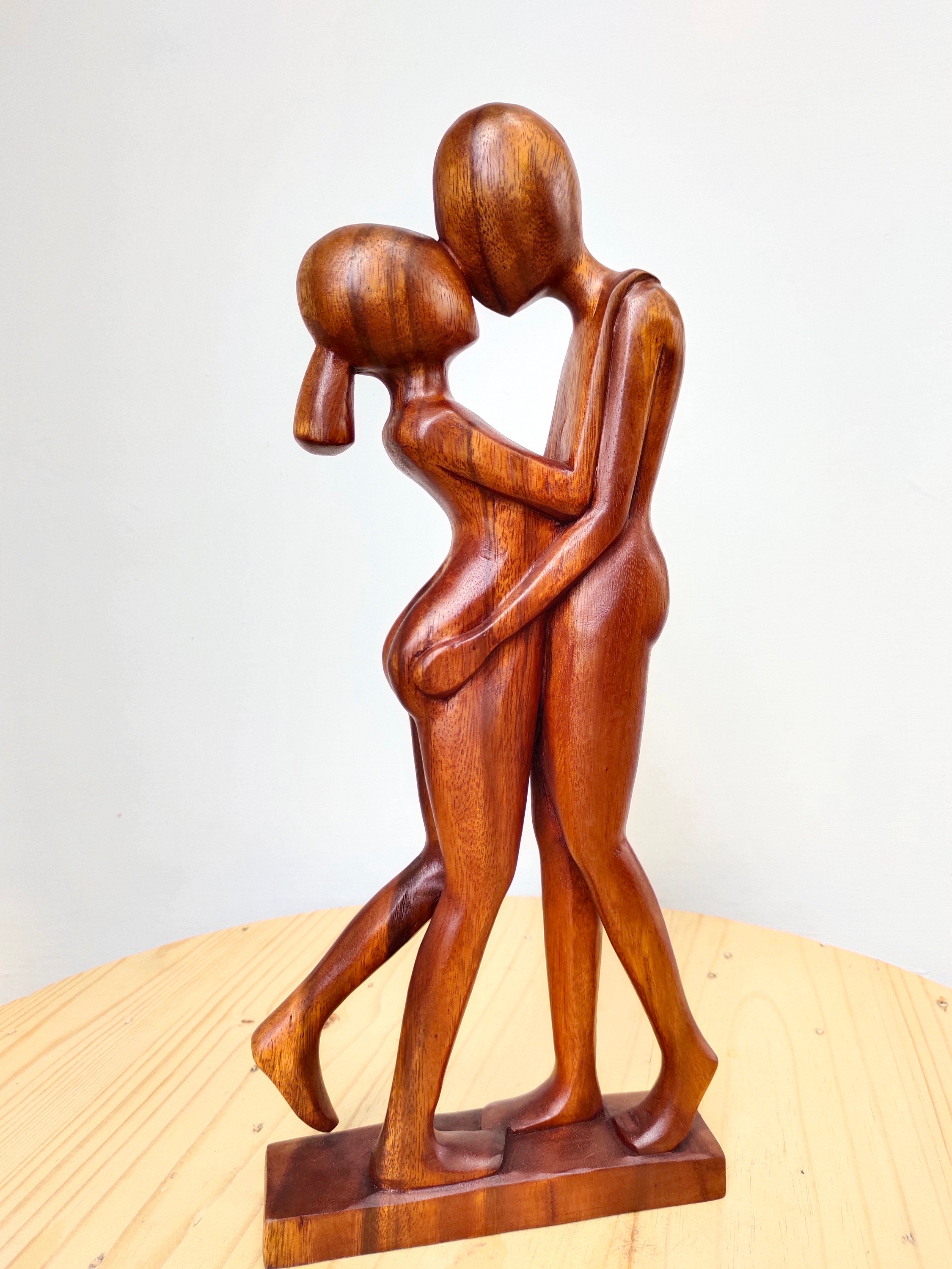 12" Wooden Abstract Romantic Sculpture, "Lover's Kiss" Hand-Carved kissing couple, loving statue