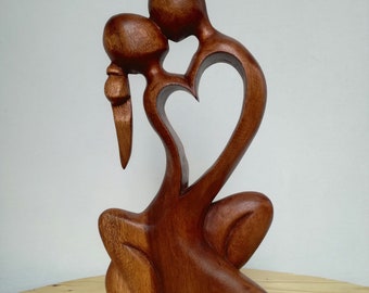 Hand Carved Wood Man Woman Embracing Heart Love