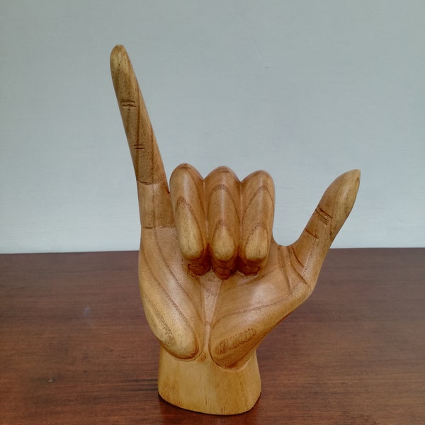 Hang loose Shaka- Hand Carved Sign, hand carved statue figurine symbol Hand