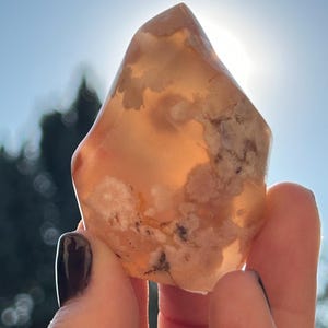 May include: A polished, flame-shaped stone with a translucent, warm peach and amber hue. The surface features intricate, cloud-like white inclusions and small dark mineral flecks throughout, illuminated by bright sunlight from behind.