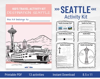 Vacaciones en Seattle, Libro de actividades de viaje, Paquete de actividades de viaje para niños, Actividades de viaje para niños, Actividades imprimibles de viaje por carretera, Kit de viaje para niños