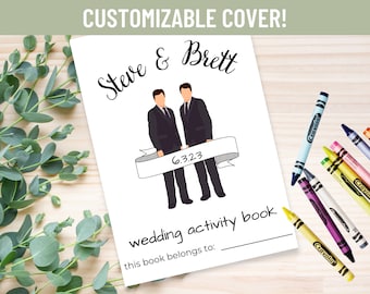 May include: A customizable wedding activity book cover with a black and white illustration of two people in suits, a banner with the date "6.3.23", and the text "Steve & Brett" above the illustration. The text "wedding activity book" and "this book belongs to:" are below the illustration.