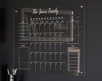 Op maat gemaakt droog uitwisbaar schrijfbord | Acryl kalender | 2024 Kalender voor muur | Glazen wekelijkse en maandelijkse planner | Familie uitwisbaar whiteboard
