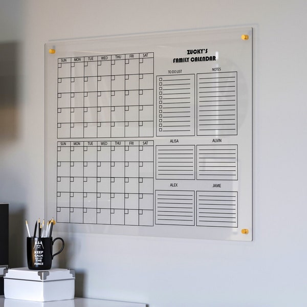 Organisation familiale personnalisée | Calendrier mensuel et hebdomadaire | Planificateur acrylique pour mur | Calendrier de tableau blanc effaçable