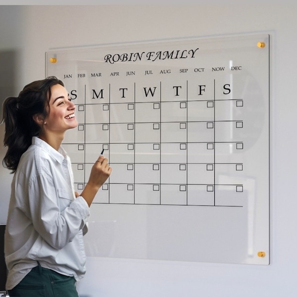 Planificateur mural familial | Calendrier personnalisé pour mur | Calendrier acrylique 2024 | Tableau effaçable à sec | Tableau blanc magnétique | Calendrier en verre