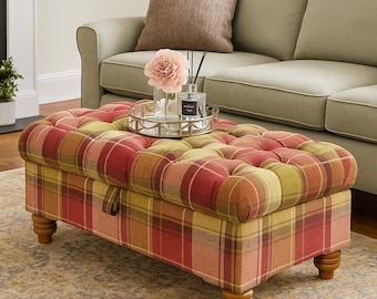 Chesterfield Velvet Storage Ottoman: Argyle Fabric, Handmade in UK