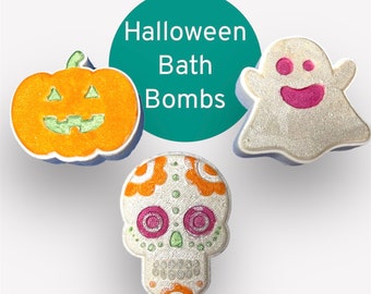 Halloween Kids Bath Bombs, Spooky Wedding Favors, Pumpkin Ghost Sugar Skull Bath Bombs, Pumpkin Bath Fizzy, October 31st Birthday Gift Set