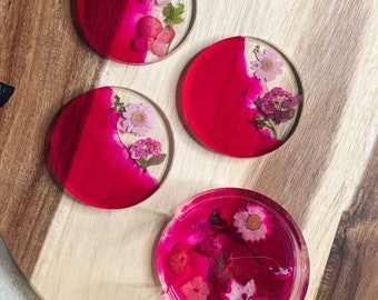 Set of 4 Pink Floral Resin Coasters with Dried Flowers, holder included