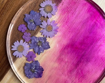 Purple Dried Flower Round Resin Tray Decor