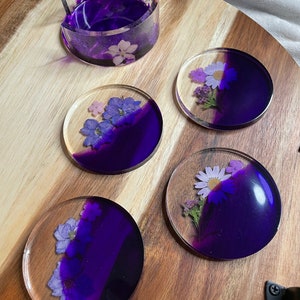 Set of 4 Purple Floral Coasters with Storage Holder