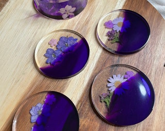 Set of 4 Purple Floral Coasters with Storage Holder